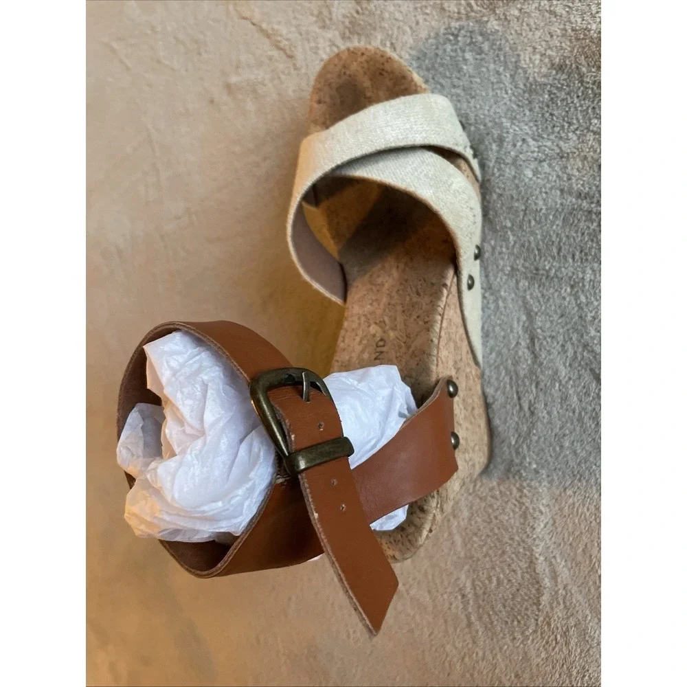 Lucky Brand Marla Cork Wedge Sandals Beige Tan Shoes Elastic Back Size 9.5Medium